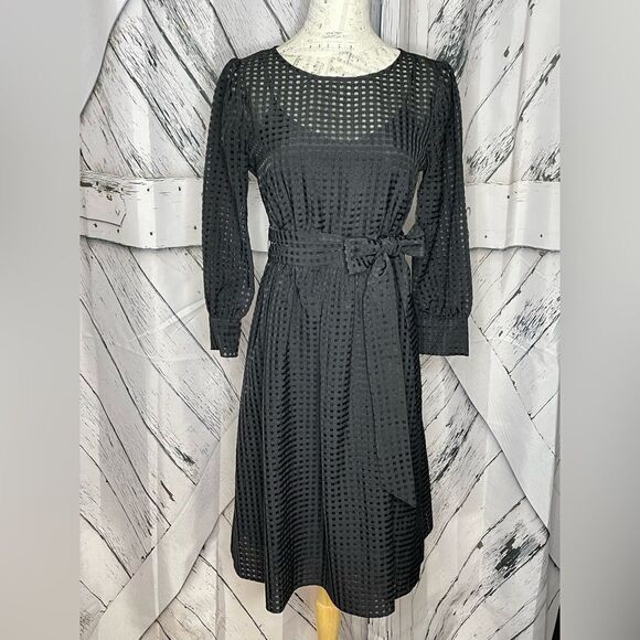 Calvin Klein Black Semi-Sheer Dress Self Belt 6 - Picture 1 of 7